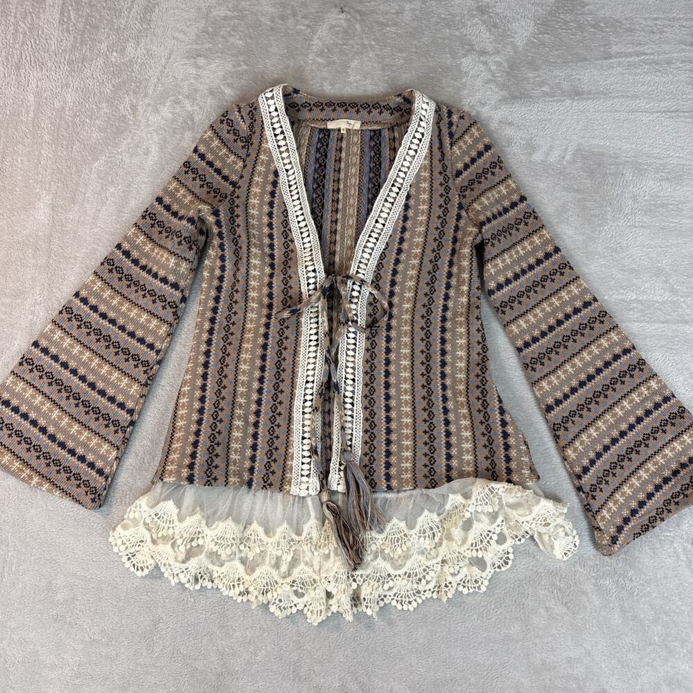 Ryu Cardigan Boho Afghan Knit Penny Lane Hippie Lace Tie S Bell Sleeve Retro